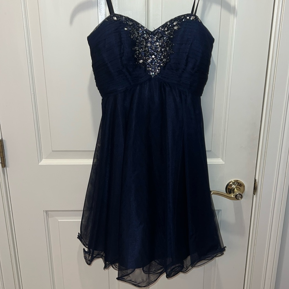 Strapless navy formal mini dress with beaded accent